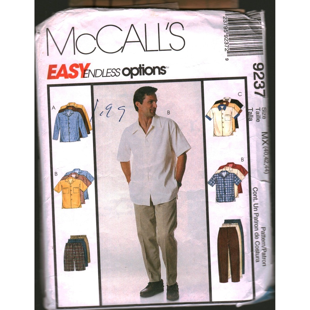McCalls 9237 Mens Shirt Pants Shorts Sewing Pattern Size MX 40-44 Easy Endless